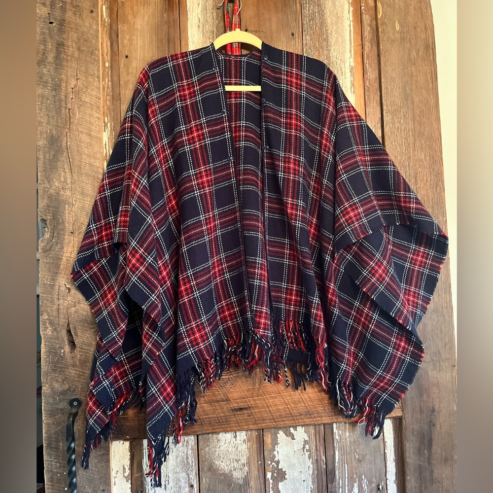 Mayoral blue and red plaid wrap with removable fur collar